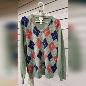 L.L. Bean Olive Green Argyle V-Neck Sweater